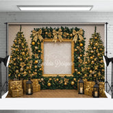 Aperturee - Aperturee All Gold Elegant Christmas Photography Backdrop Gold Frame with Garland and Trees Luxury Holiday Photo Background
